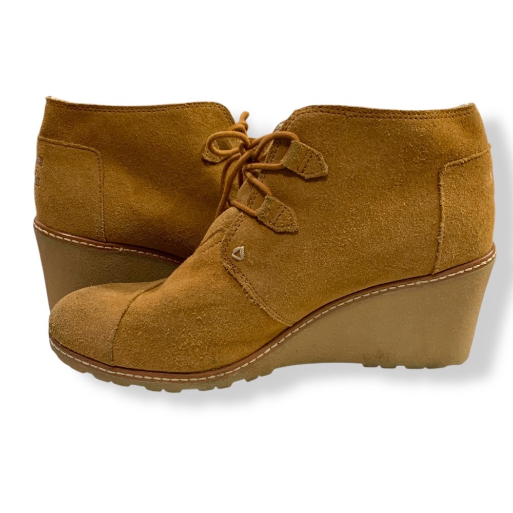 TOMS Ankle Wedges Tan Suede Lace Up Booties Size 10 Boho